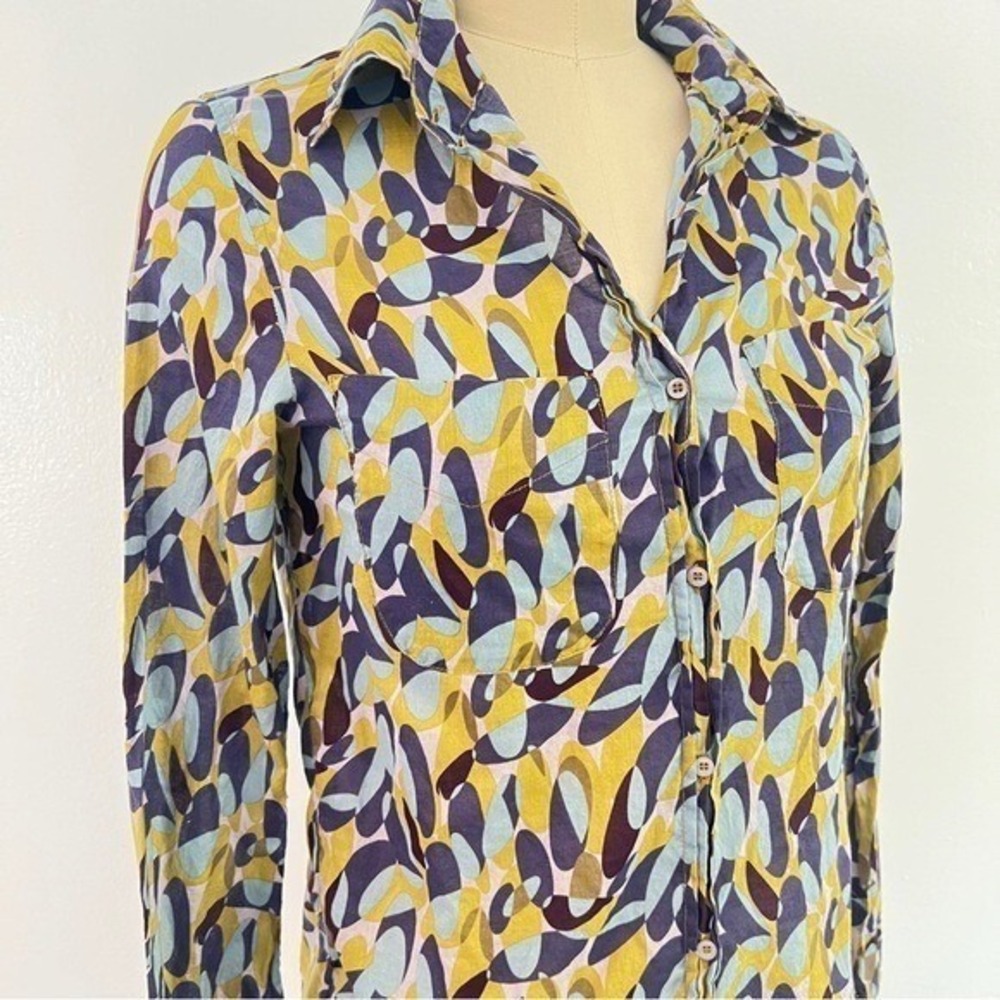 JNBY Abstract Geometric Print 100% Cotton Button Up Shirt Blue Tan Size S - Picture 4 of 11